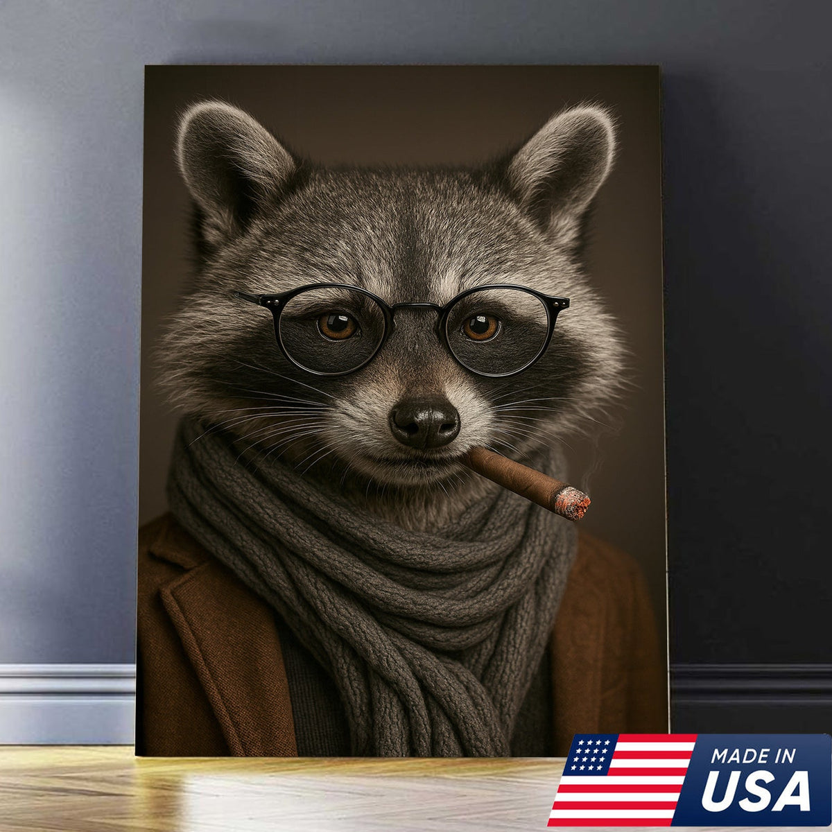 Gentleman Raccoon Cigar Wall Art Canvas – Stylish Animal Portrait for Bar