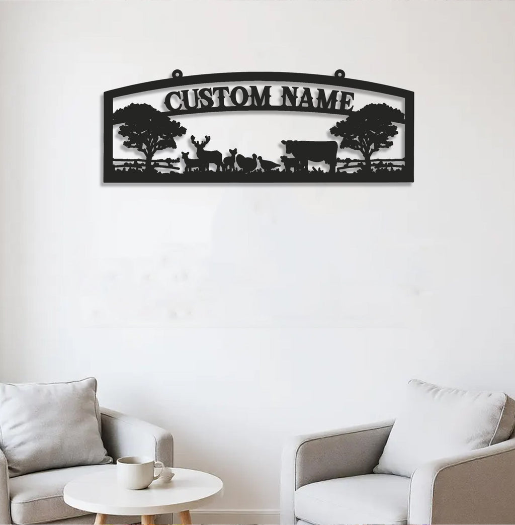 Personalized Farm Metal Sign WITH LED/WITHOUT LED - Rustic Ranch Name Sign with Livestock, Deer & Trees