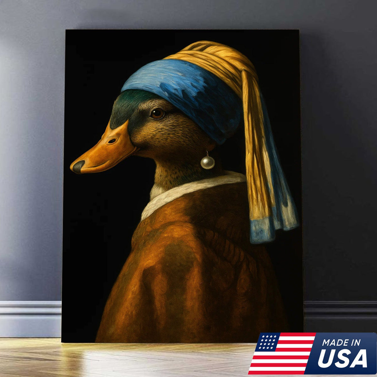 Duck with Pearl Earring Portrait Canvas, Funny Parody Duck Wall Art