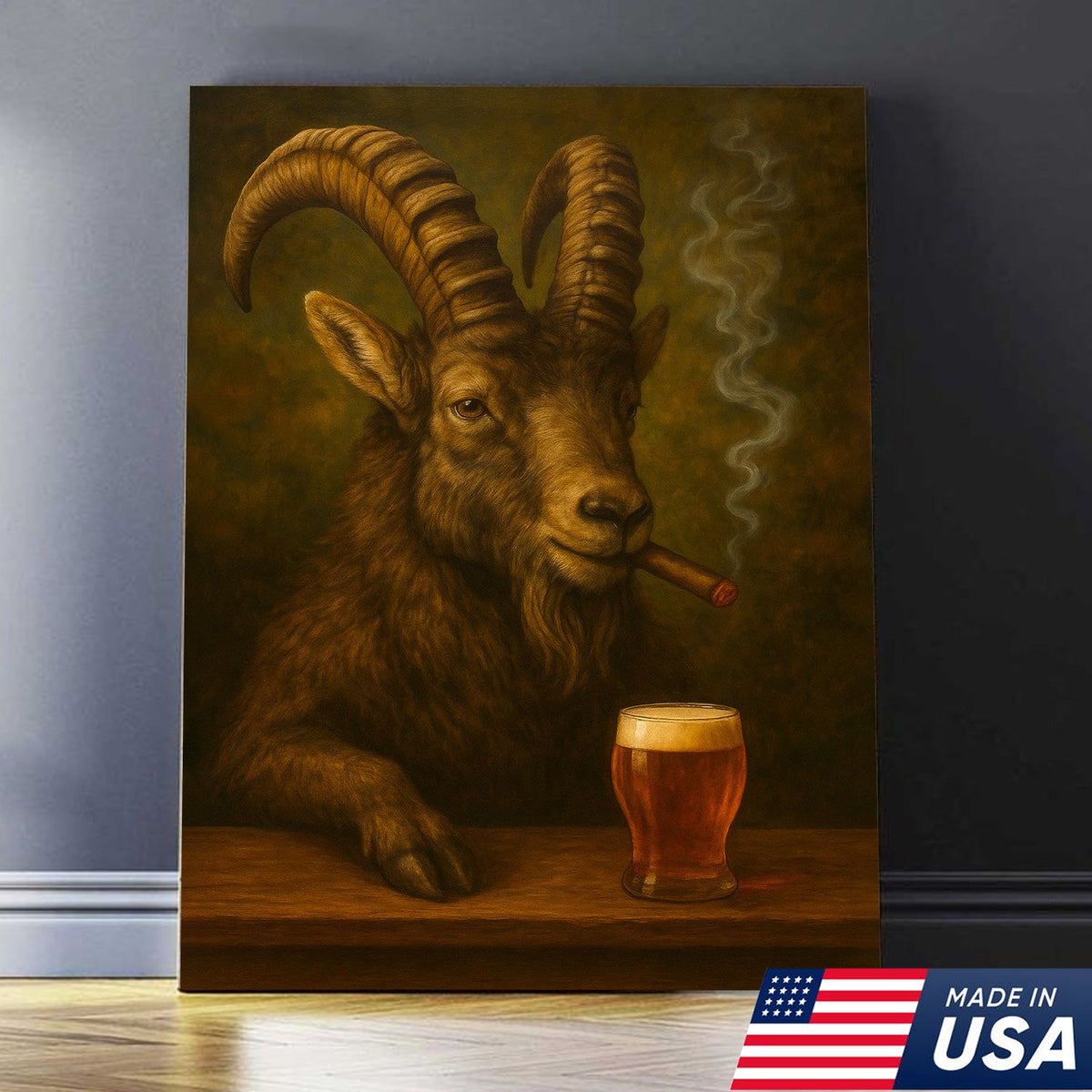 Funny Mountain Goat Smoking & Beer Canvas Wall Art - Hunting Perfect Gift for Hunters