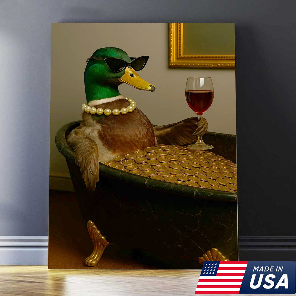 Luxury Duck Canvas Art – Funny Rich Duck in Gold Bathtub, Glam Animal Portrait Wall Decor