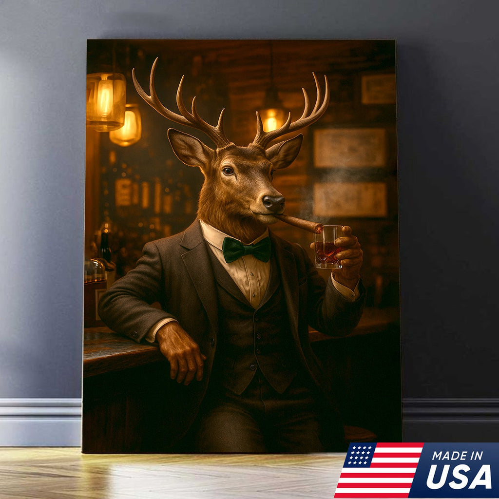 Deer Gentleman Wall Art – Classy Drinking & Smoking Canvas for Bar, Lodge & Man Cave Decor