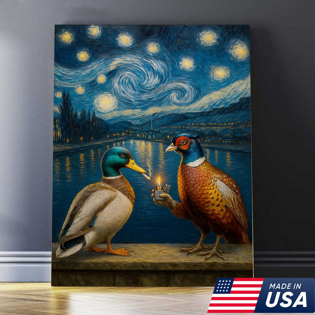 Starry Night Duck and Pheasant Canvas Wall Art, Van Gogh Inspired Wildlife Painting