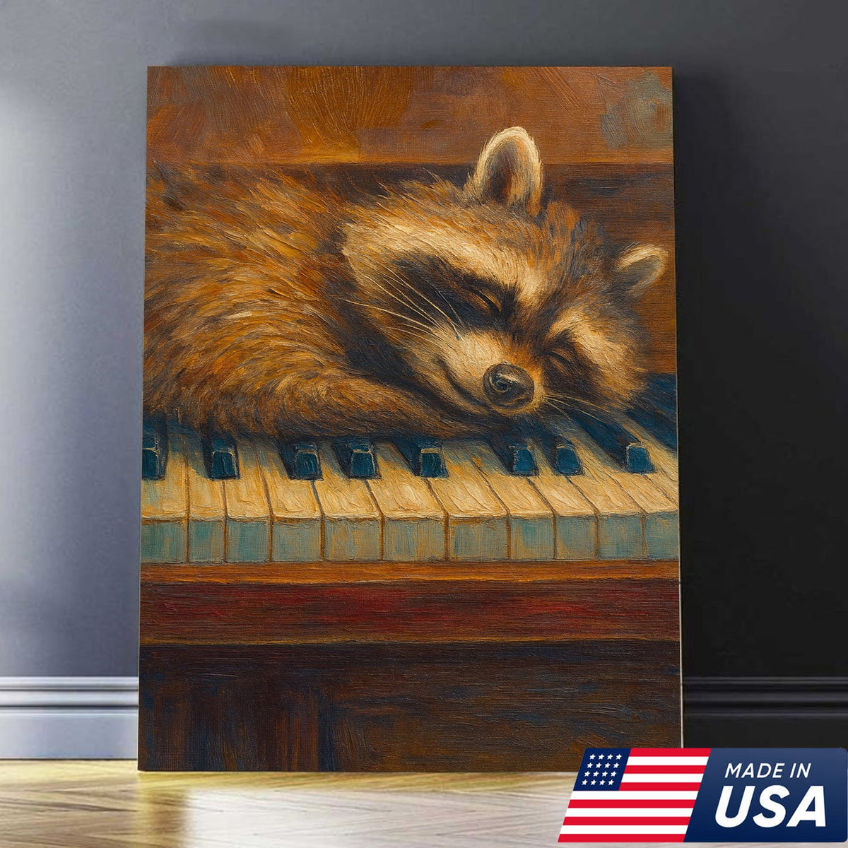 Sleeping Raccoon Wall Art Canvas - Cozy Animal Wall Decor, Cute Raccoon Painting