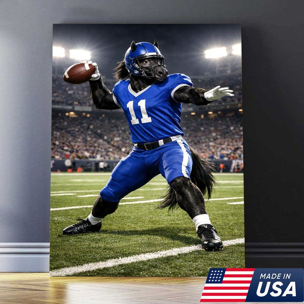 Power Stallion Quarterback Canvas Wall Art – Blue Uniform Horse Athlete Action Print