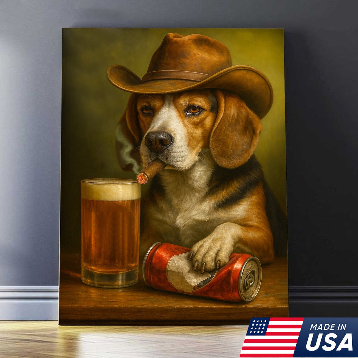 Funny Cowboy Dog Canvas Wall Art - Rustic Bar Wall Art Gift for Hunters, Outdoorsmen & Man Caves