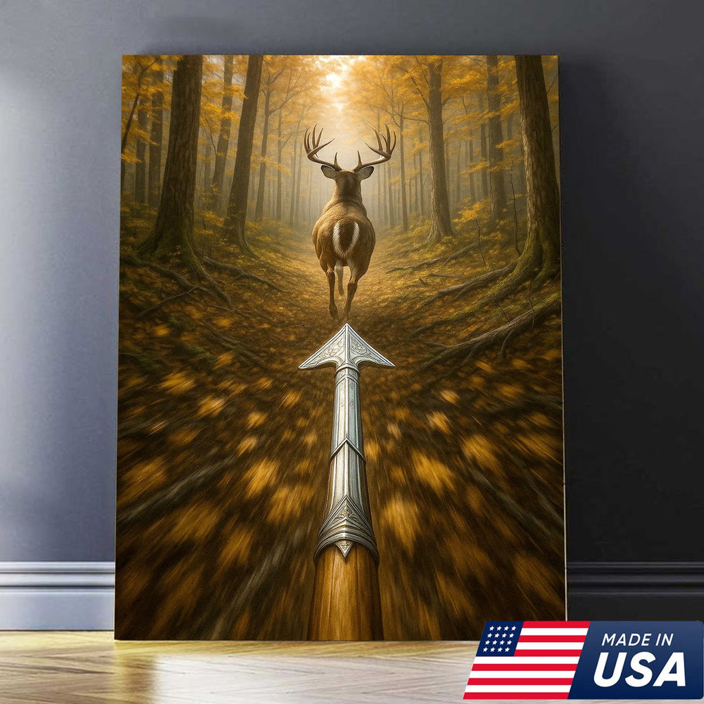 Deer Bow Hunting Canvas Wall Art, Arrowhead Forest Scene Artwork, Rustic Cabin Decor for Hunters