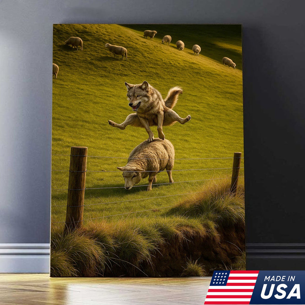 Funny Wolf and Sheep Canvas Wall Art - Hilarious Animal Jump Scene, Rustic Farmhouse Decor