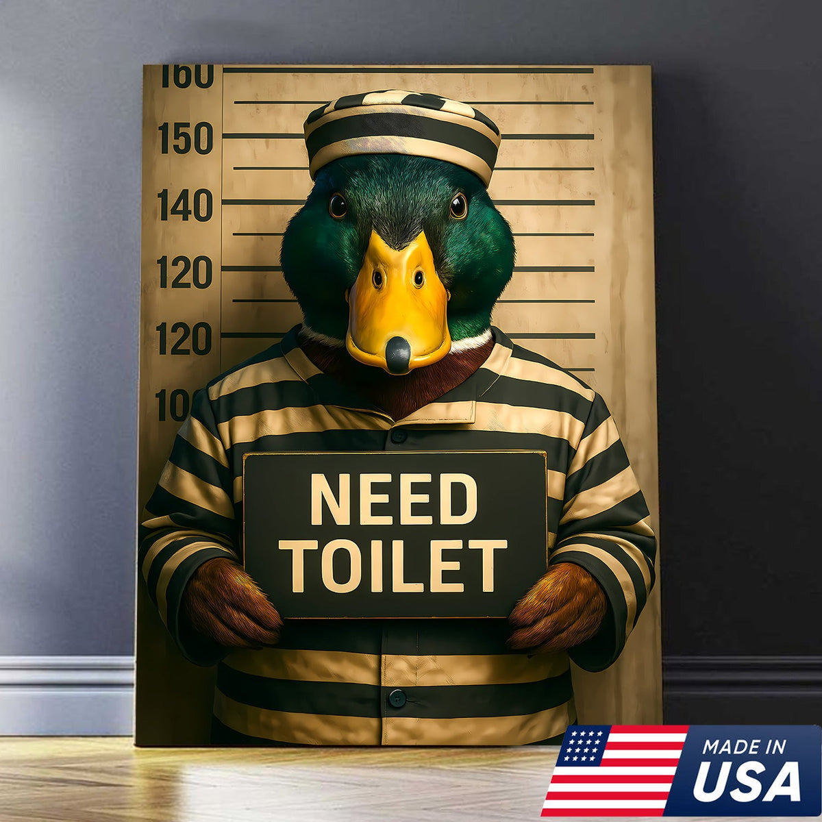 Funny Duck Mugshot Canvas – Bathroom Wall Art for Men, Toilet Humor Decor, Gag Gift Idea