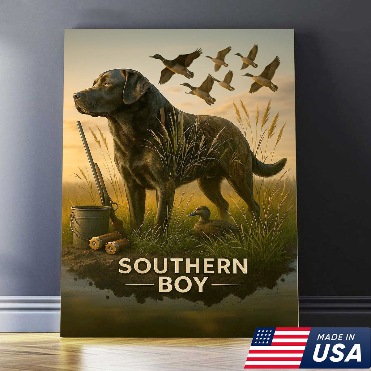 Black Lab Duck Hunting Canvas Wall Art, Labrador Retriever Waterfowl Print