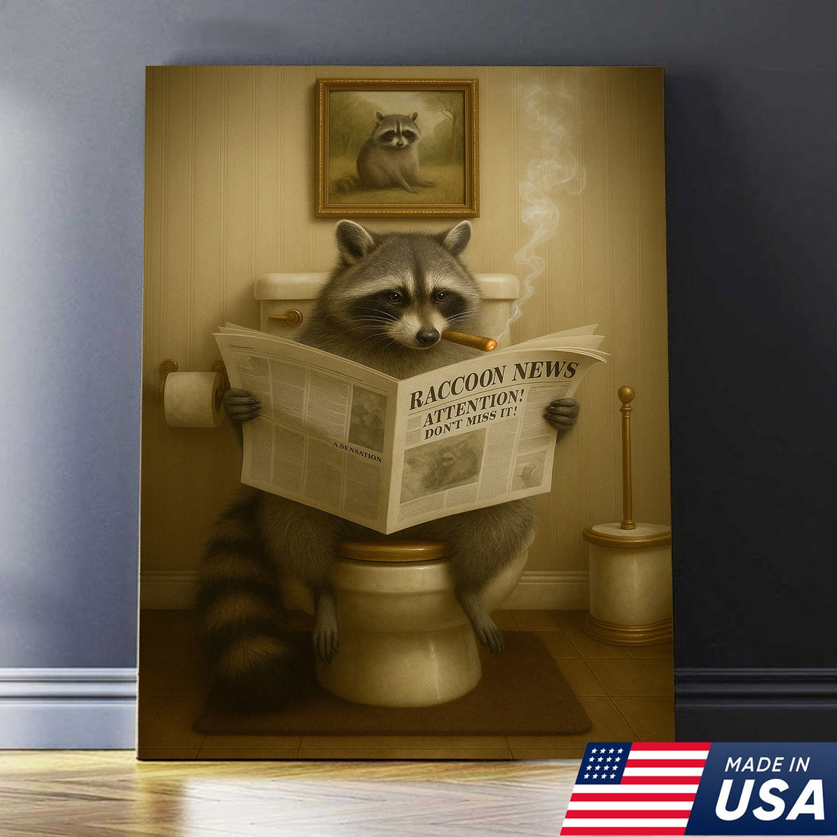 Funny Raccoon Bathroom Canvas Wall Art – Rustic Lodge Cabin Decor Toilet Humor