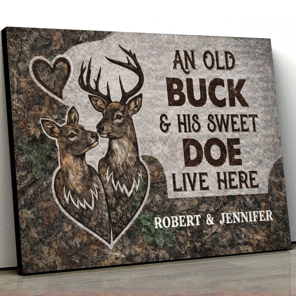 Personalized Old Buck and Sweet Doe Canvas Wall Art, Custom Deer Couple Rustic Woodland Love Decor