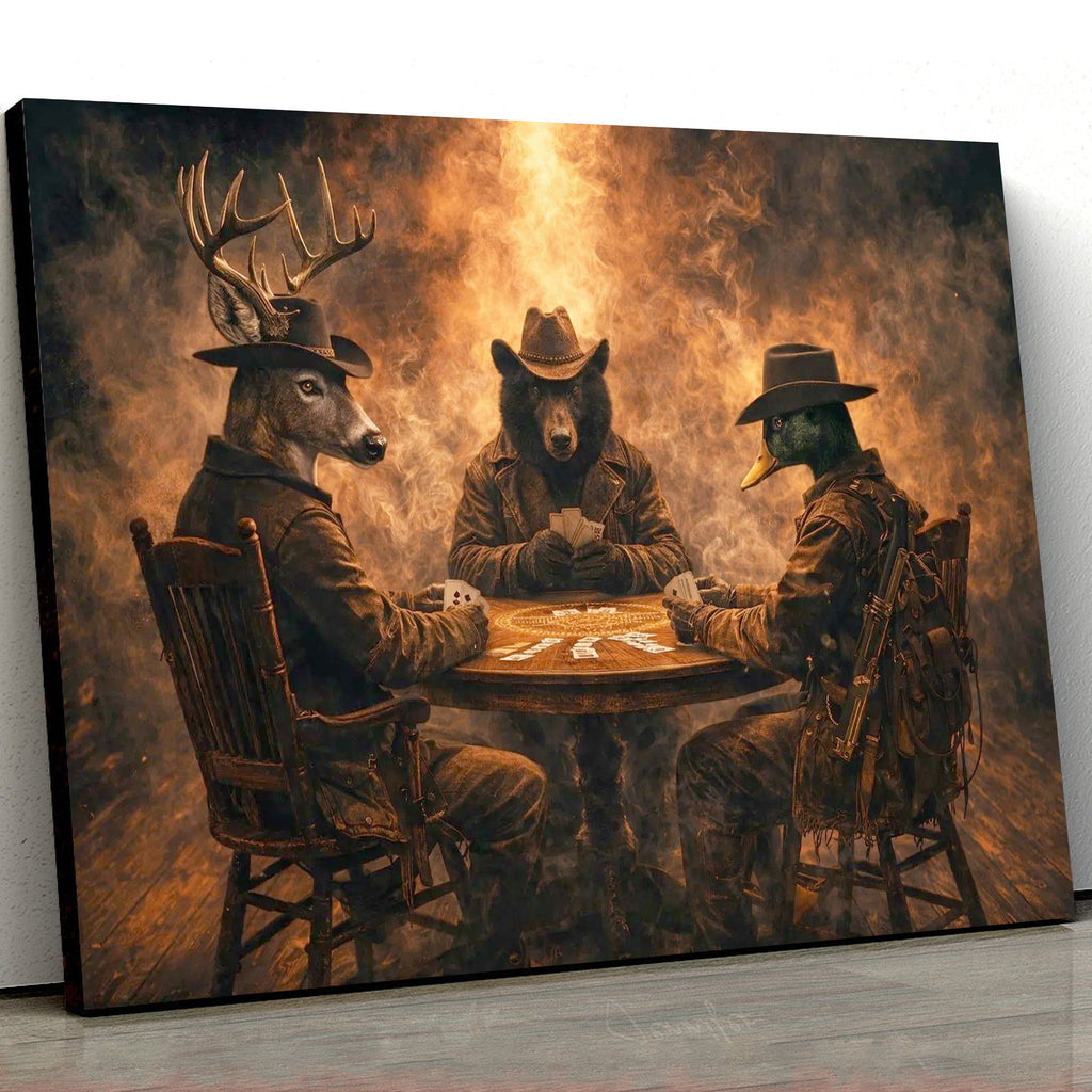 Wild West Animal Poker Canvas Wall Art – Deer, Bear and Duck Cowboy Card Game Print