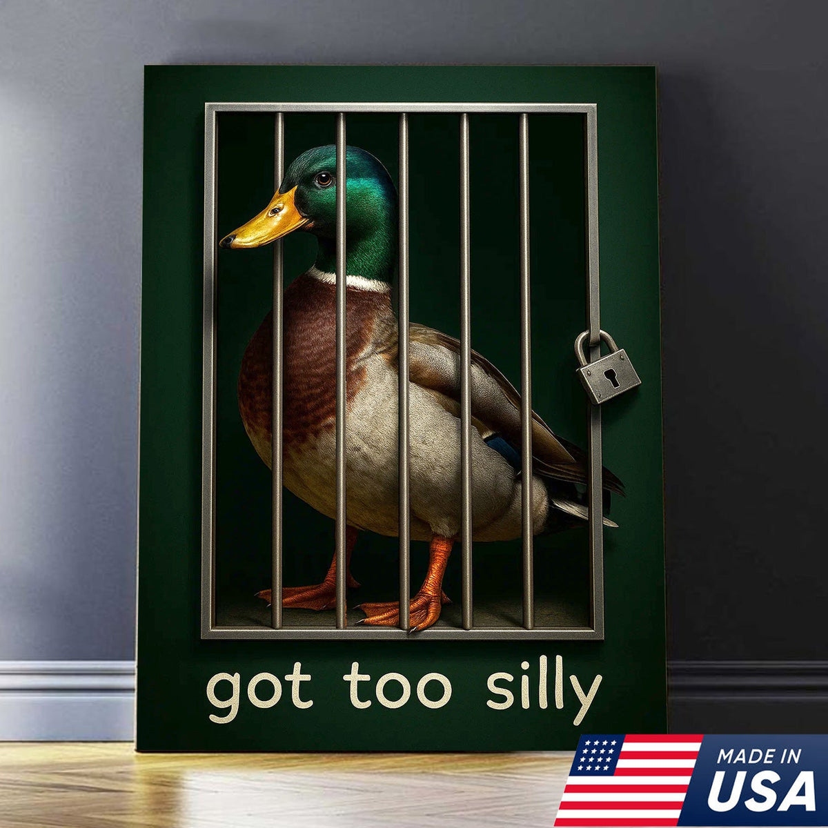 Silly Duck Canvas Wall Art – Funny Mallard Jail Print – Unique Rustic Cabin or Bathroom Decor