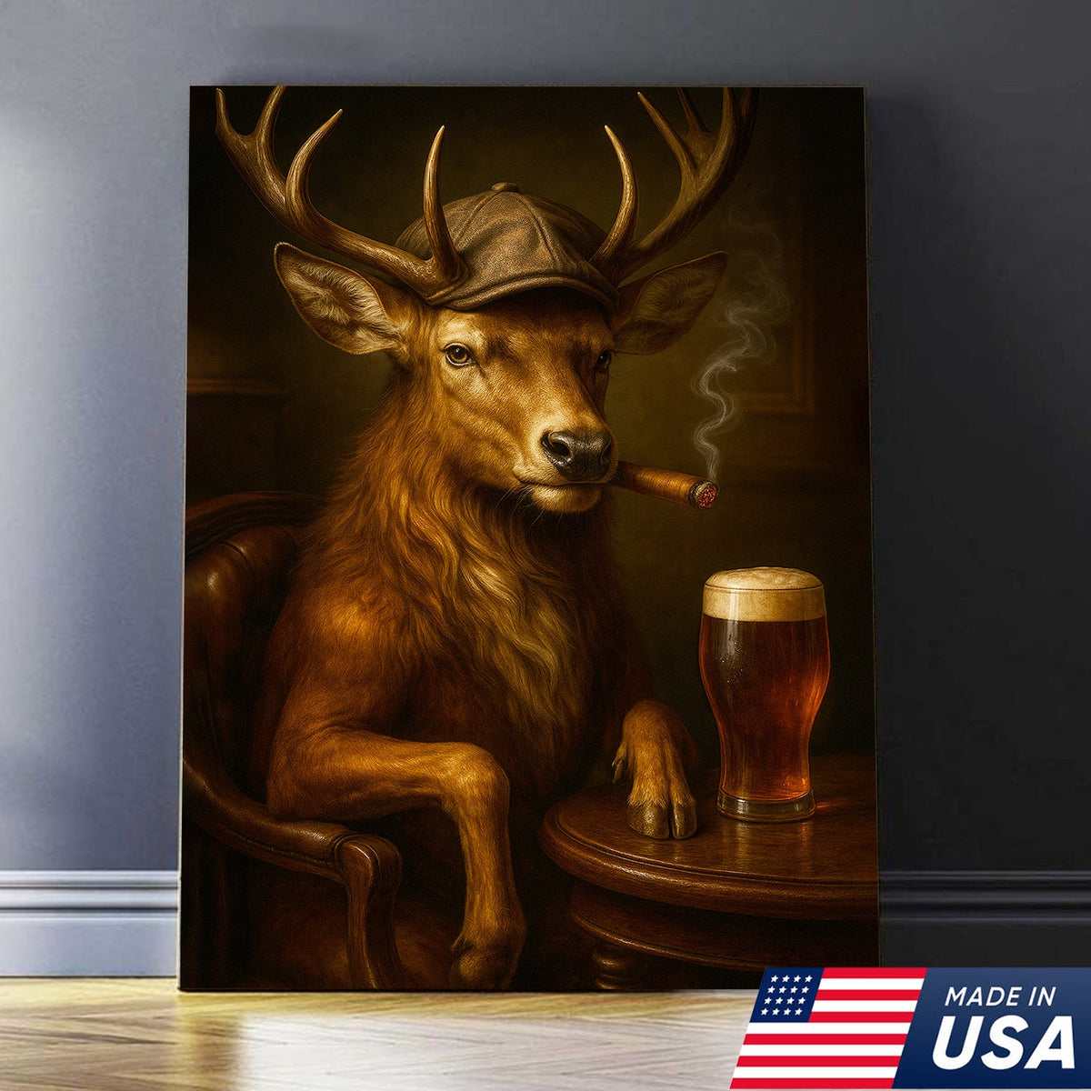 Classy Deer Smoking Cigar Canvas – Rustic Beer Lover Wall Art for Cabin & Man Cave