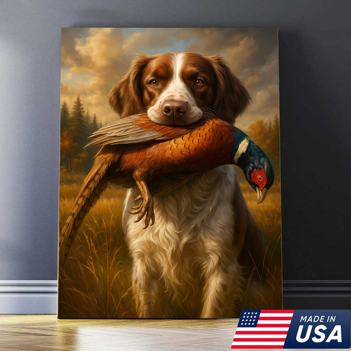 Upland Hunting Dog Canvas Wall Art – Brittany with Pheasant, Rustic Cabin Decor