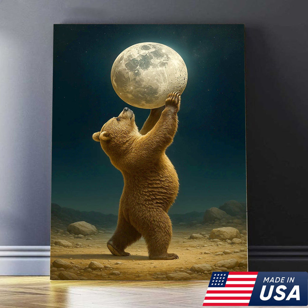 Bear Holding Full Moon Canvas Wall Art, Surreal Night Sky Decor, Rustic Cabin Nature Print