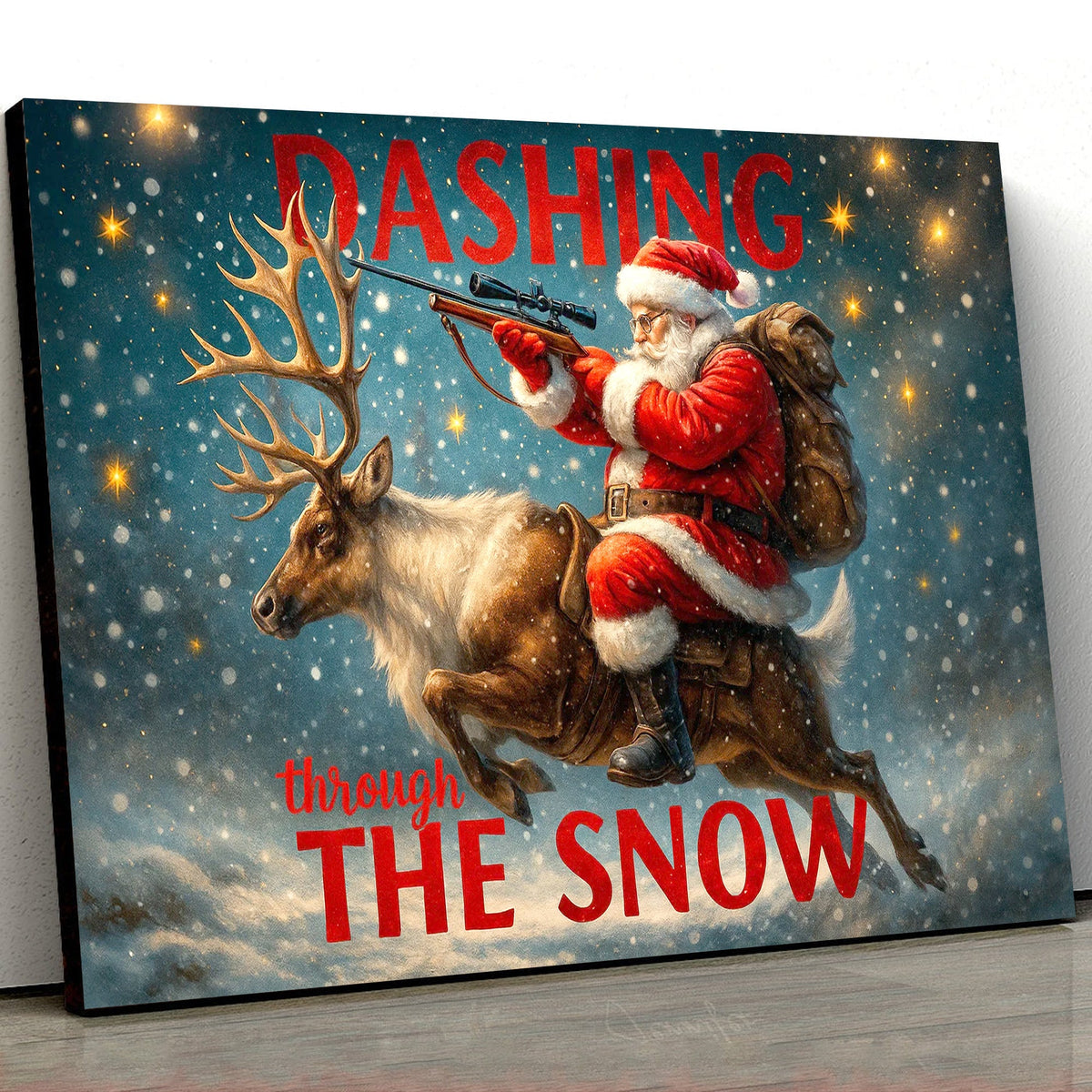 Santa Riding Reindeer Canvas Wall Art, Funny Christmas Decor, Rustic Winter Cabin Decoration for Holiday Lovers