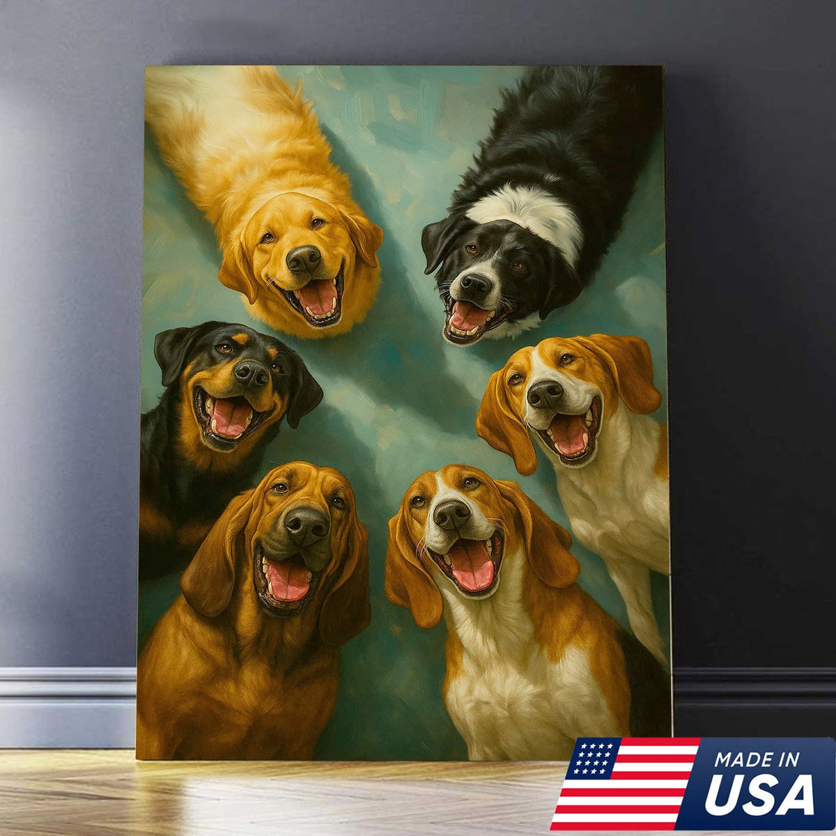 Happy Dogs Wall Art Canvas, Funny Smiling Dog Portrait Painting