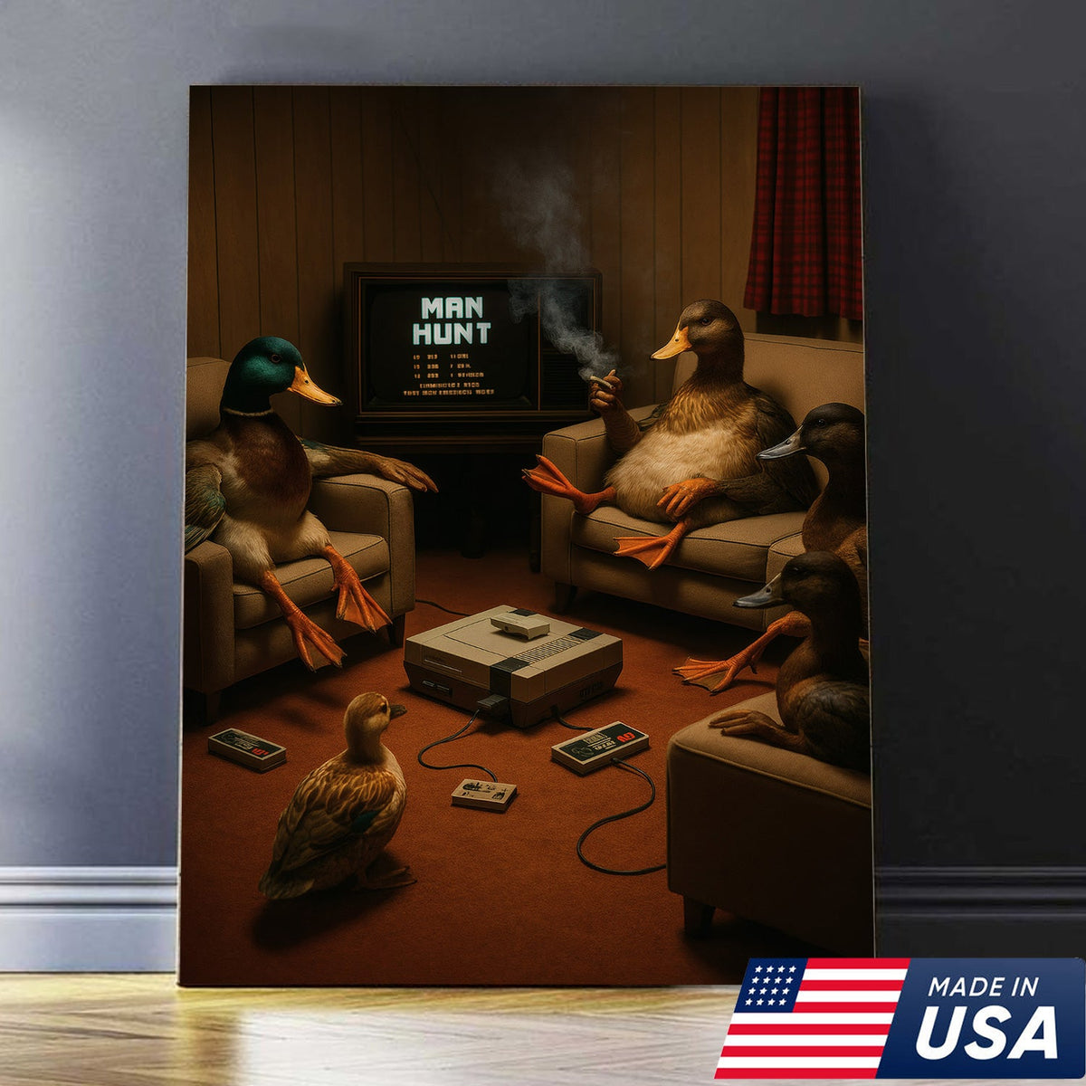 Funny Duck Hunter Retro Canvas Wall Art– Man Hunt Vintage Game Room Wall Art for Hunters