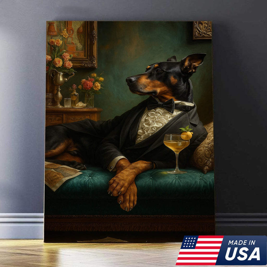 Elegant Doberman Gentleman Wall Art Canvas – Vintage Dog Portrait for Home Bar