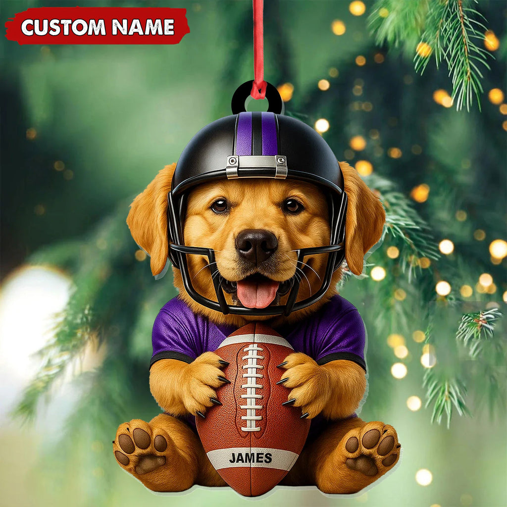 Personalized Football Puppy Christmas Ornament, Custom Name Dog in Helmet Holding Ball, Cute Pet Lover Tree Decoration