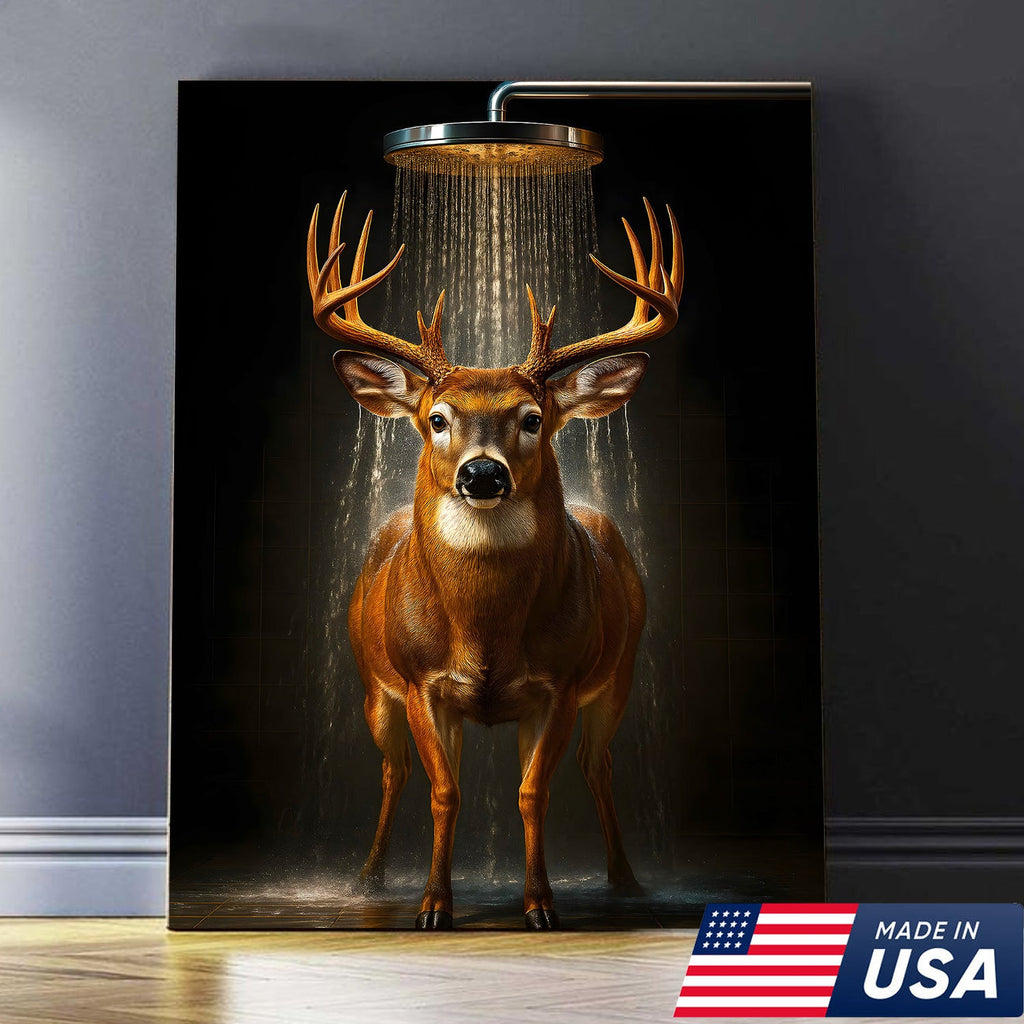 Funny Deer Shower Canvas Wall Art, Whimsical Buck Bathroom Decor