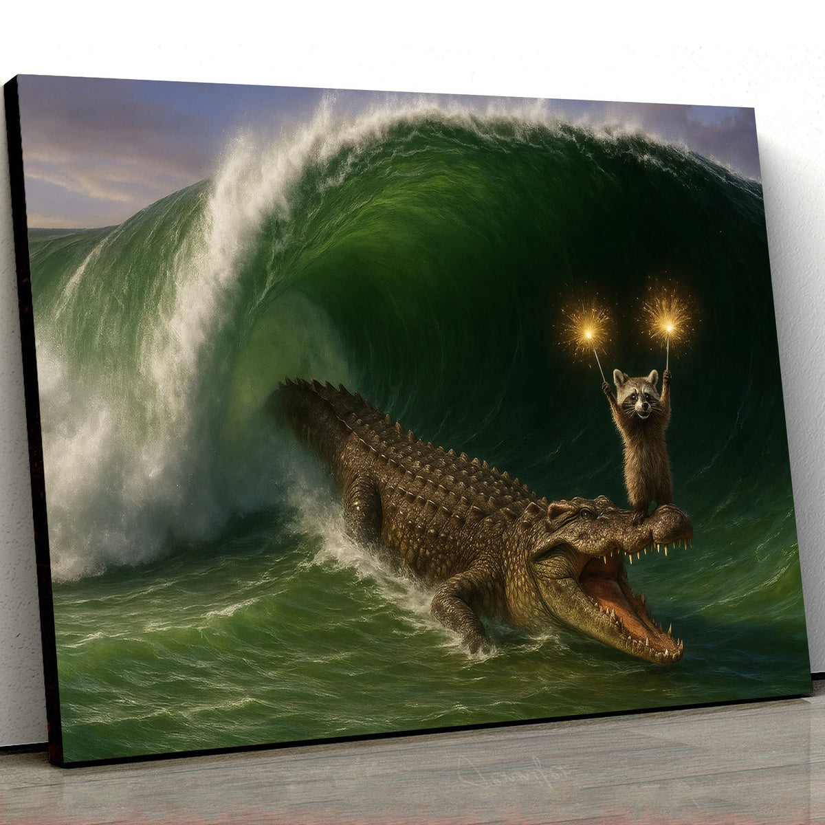 Crocodile Surfing Canvas Wall Art, Raccoon with Sparklers Fantasy Animal