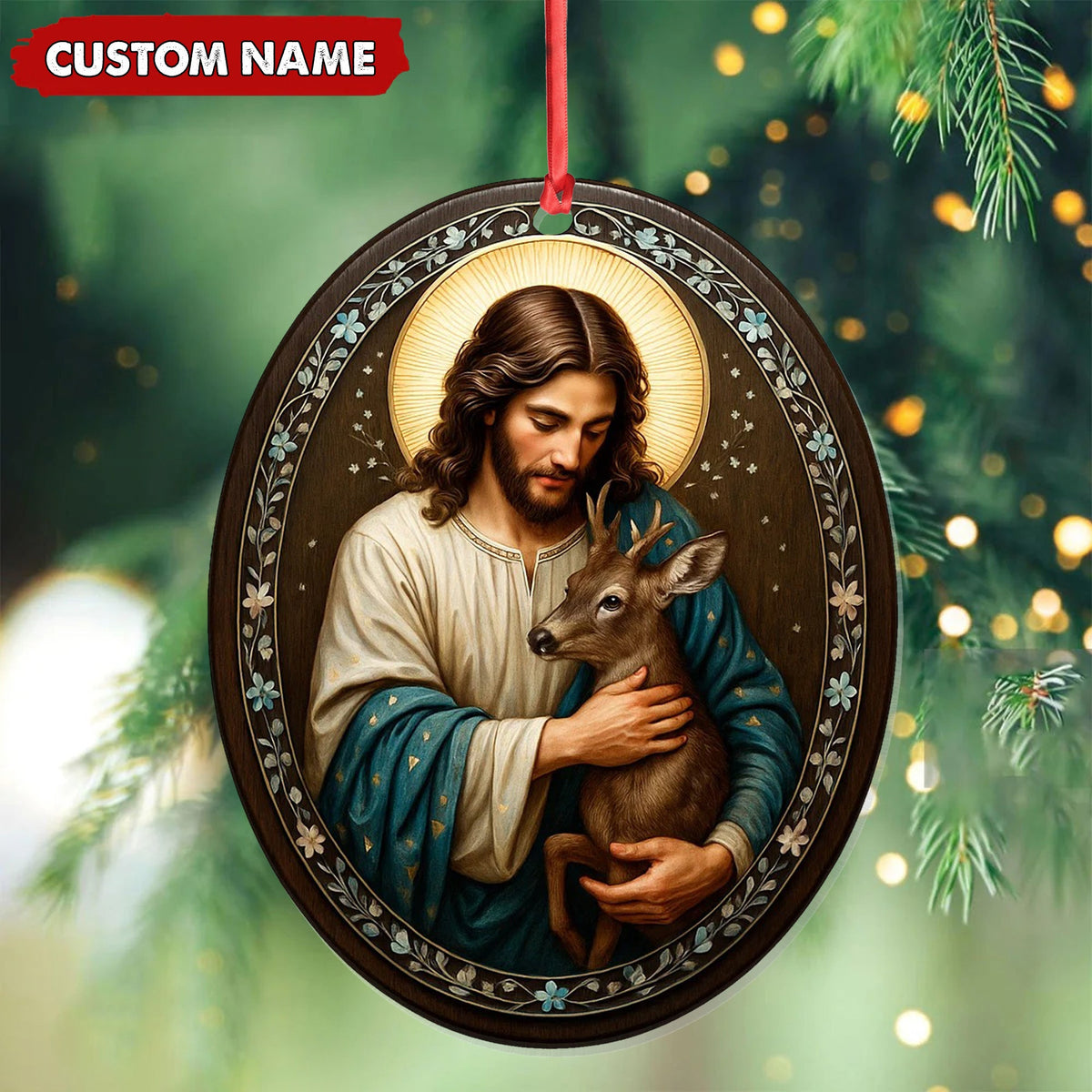 Custom Jesus Holding Deer Christmas Ornament, Personalized Name Christian Tree Decoration, Religious Woodland Gift for Faith Family