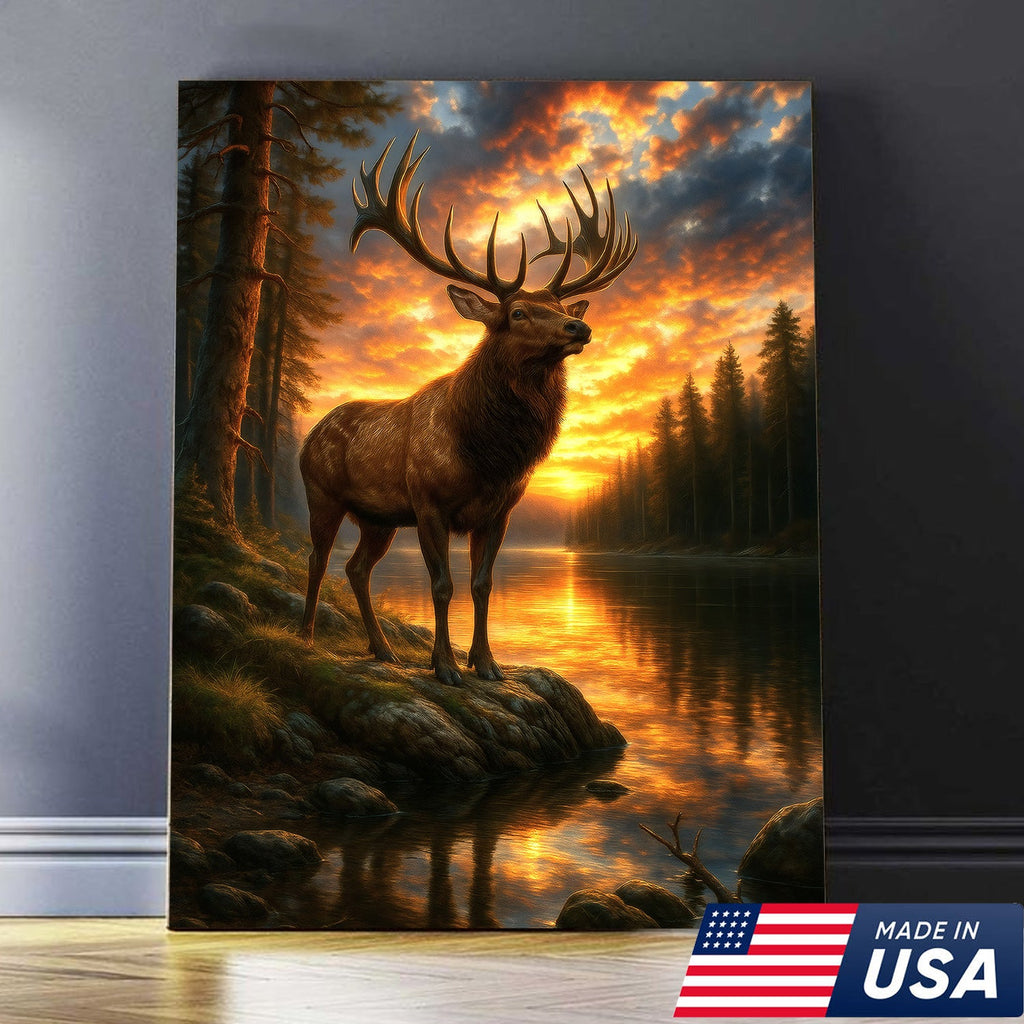 Majestic Elk at Sunset By The Lake Canvas– Wildlife Wall Art for Cabin, Lodge & Nature Lovers