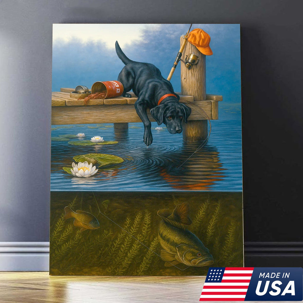 Black Lab Fishing Dock Canvas Wall Art, Lake House Decor, Bass Fish Underwater Split View