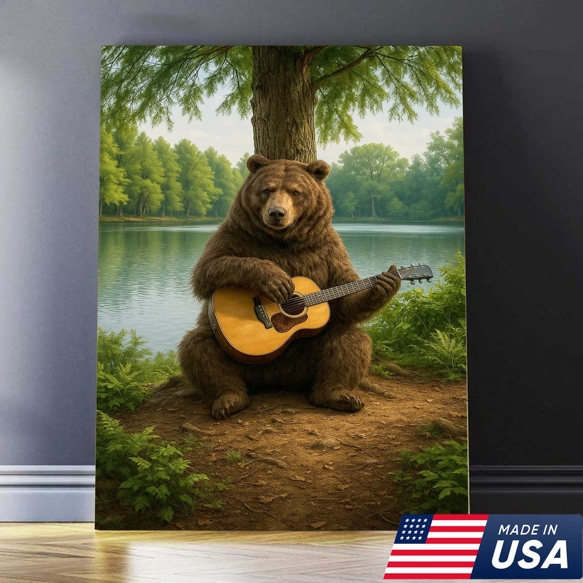 Bear Playing Guitar Canvas Wall Art, Rustic Cabin Lake Decor, Funny Wildlife Music Lover Gift