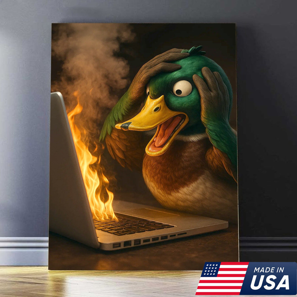 Funny Duck Screaming at Burning Laptop Canvas Wall Art, Hilarious Tech Fail Gift