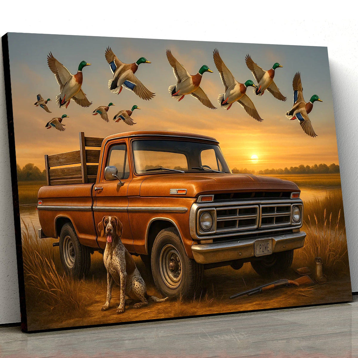 Rustic Hunting Canvas Wall Art – Vintage Pickup Truck with Hunting Dog & Flying Mallard Ducks at Sunset