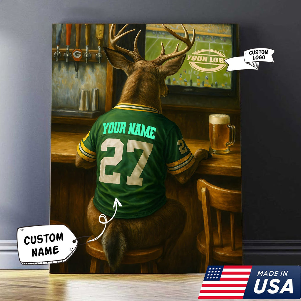 Custom Deer Football Canvas Wall Art – Personalized Deer Watching Sports Drinking Funny Sports Bar Decor