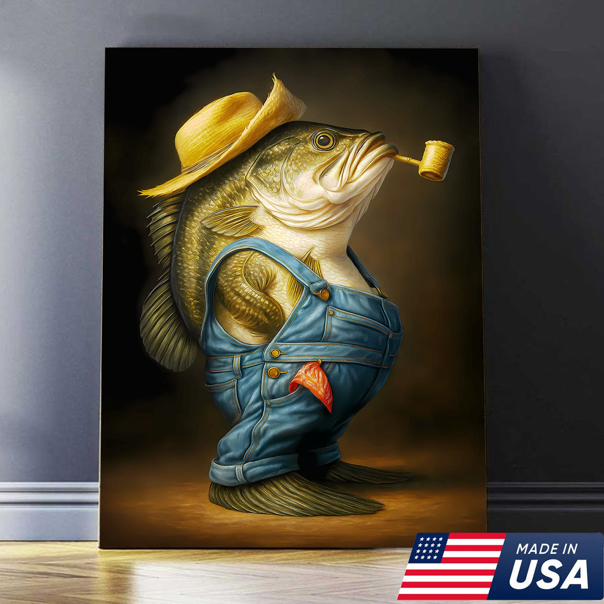 Funny Bass Wall Art – Farmer Fish Canvas for Fishing Lovers, Cabin & Lake House Decor