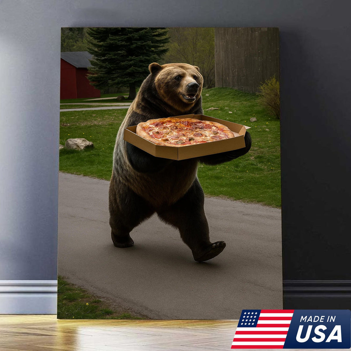 Funny Bear Pizza Canvas Wall Art, Humorous Kitchen Foodie Decor Print