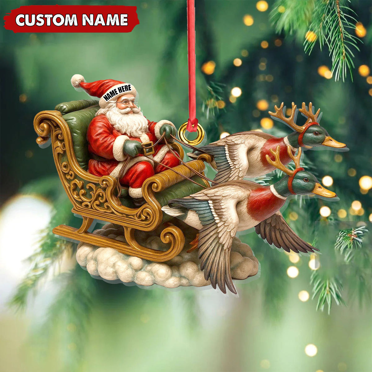 Personalized Santa Sleigh Duck Ornament, Custom Name Christmas Gift for Hunters