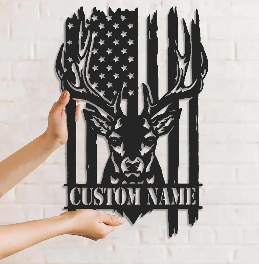 Personalized Vertical American Flag Deer Hunting Metal Sign WITH LED/WITHOUT LED Light Rustic Lodge Wall Decor