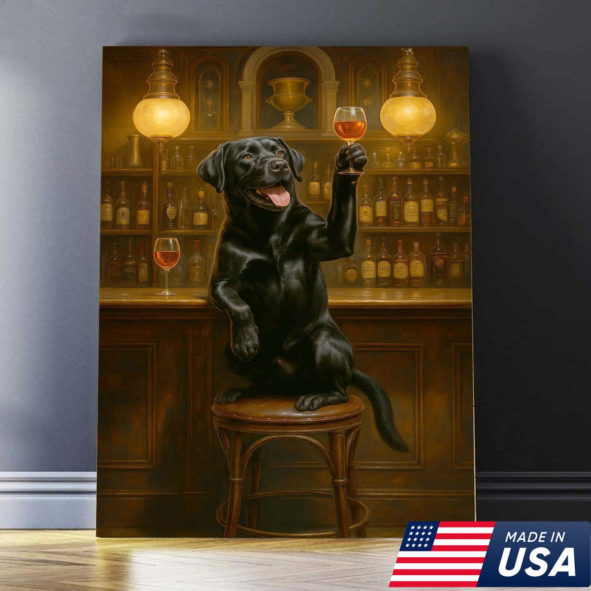 Bar Dog Canvas Art – Cheerful Black Labrador Raising a Fancy Drink
