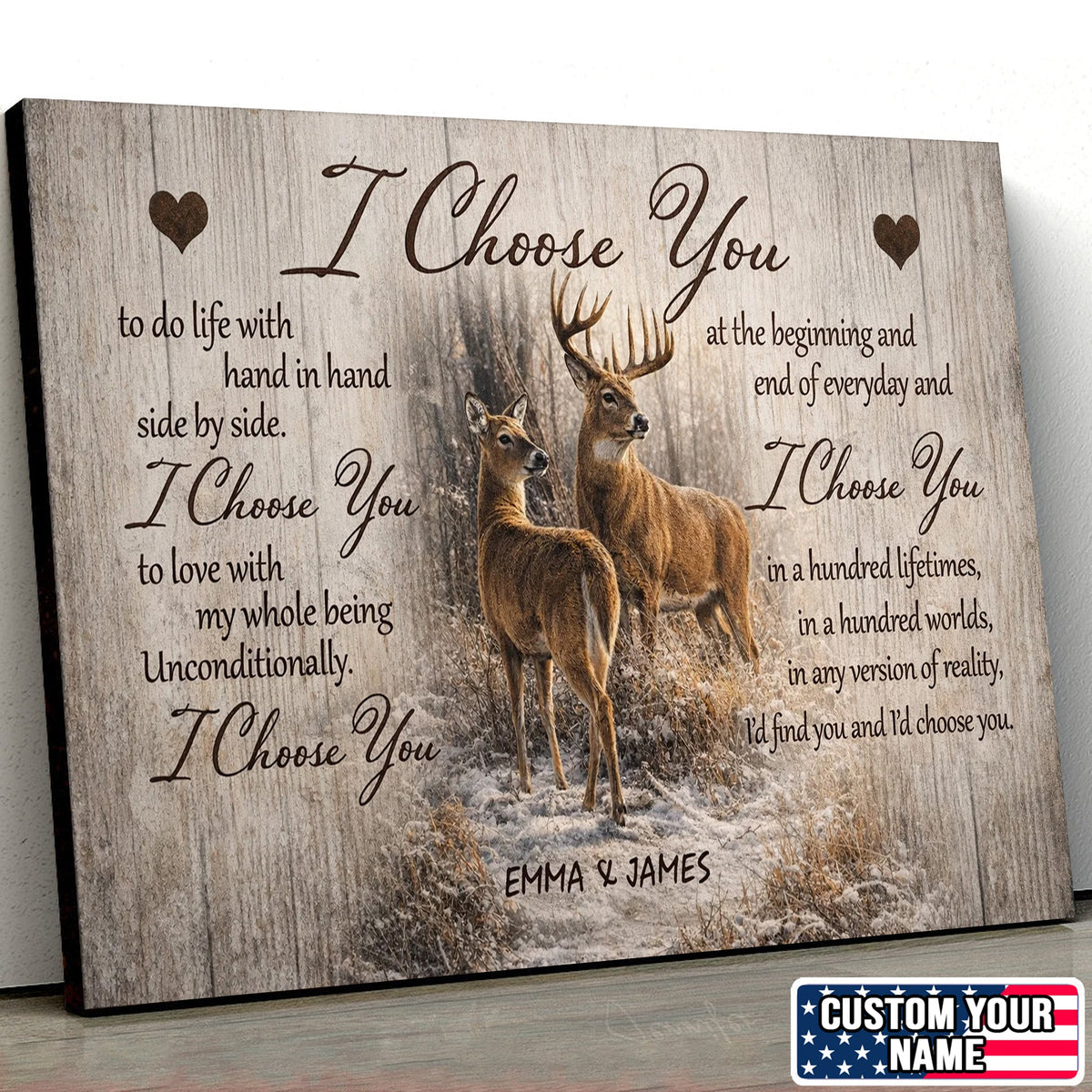 I Choose You Deer Couple Canvas Print, Romantic Woodland Love Wall Art Personalized Gift