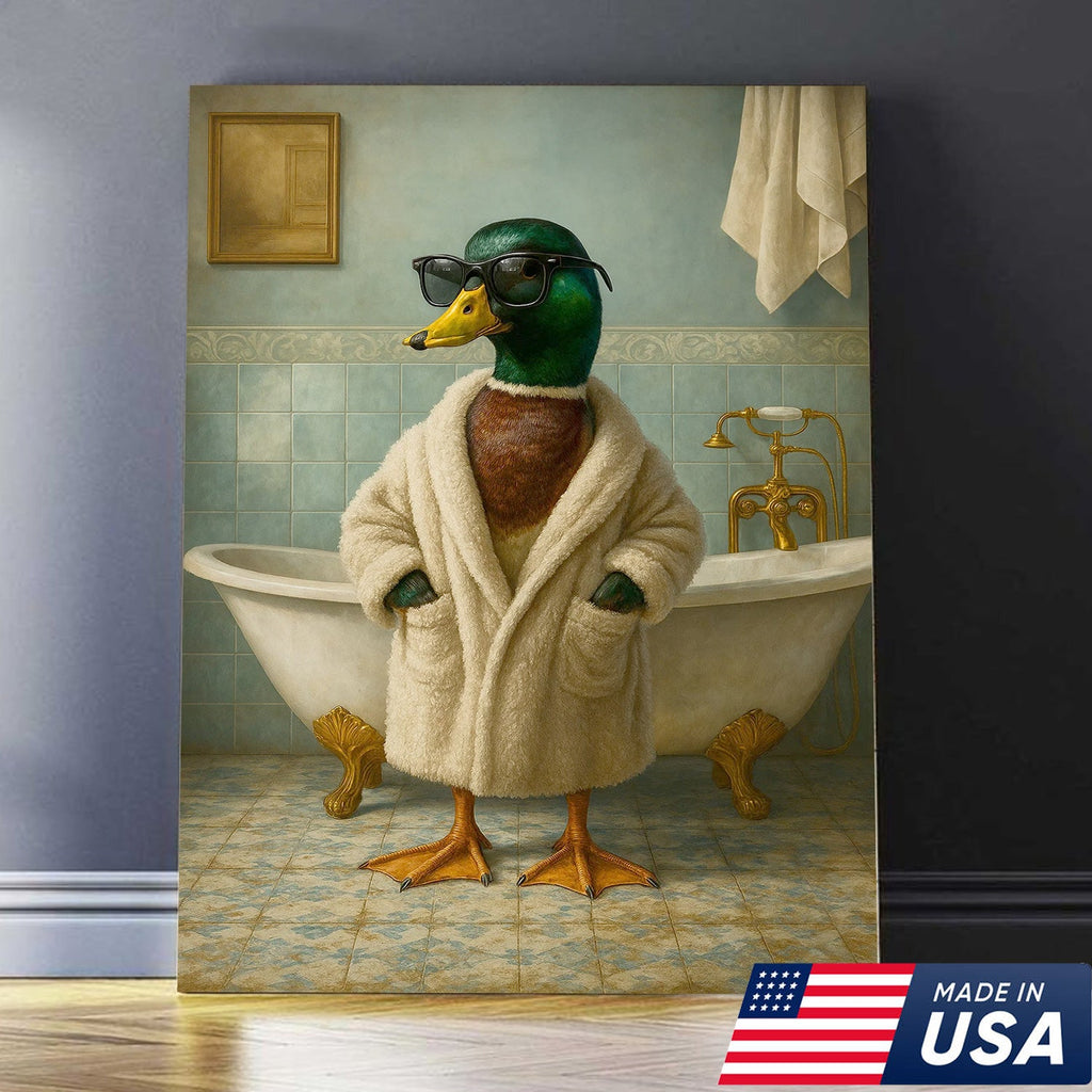Bathrobe Duck Canvas Art – Cool Duck in Cozy Robe with Sunglasses