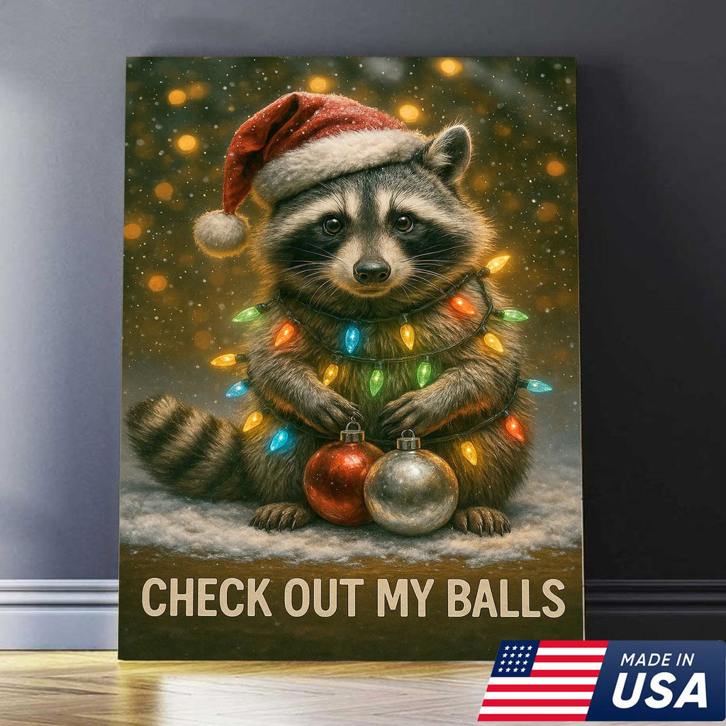 Funny Christmas Raccoon Canvas Art – Cute Holiday Raccoon with Lights & Ornaments