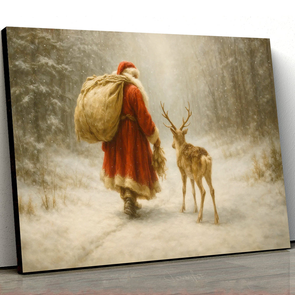 Vintage Santa and Reindeer Canvas Wall Art, Rustic Snowy Forest Christmas Scene