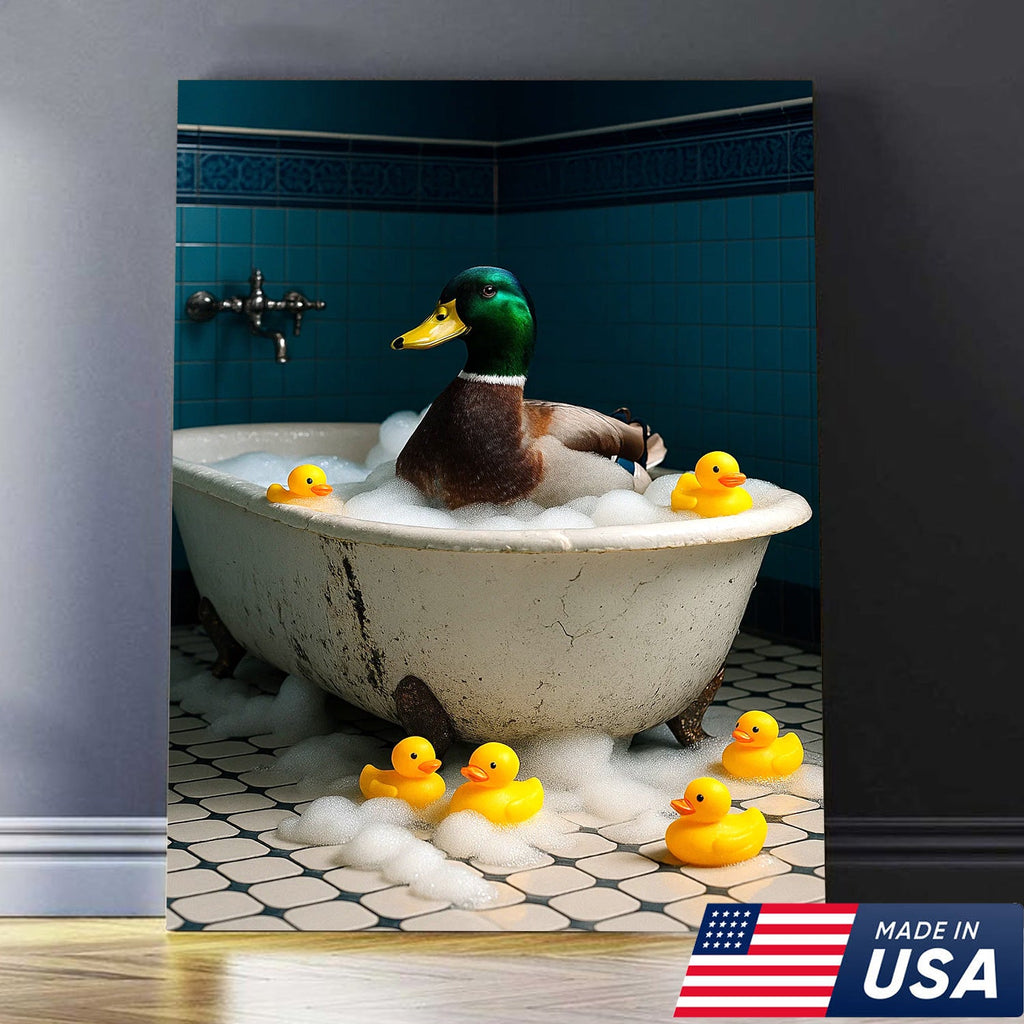 Bubble Bath Duck Canvas Art – Funny Duck in Foamy Tub with Rubber Ducklings