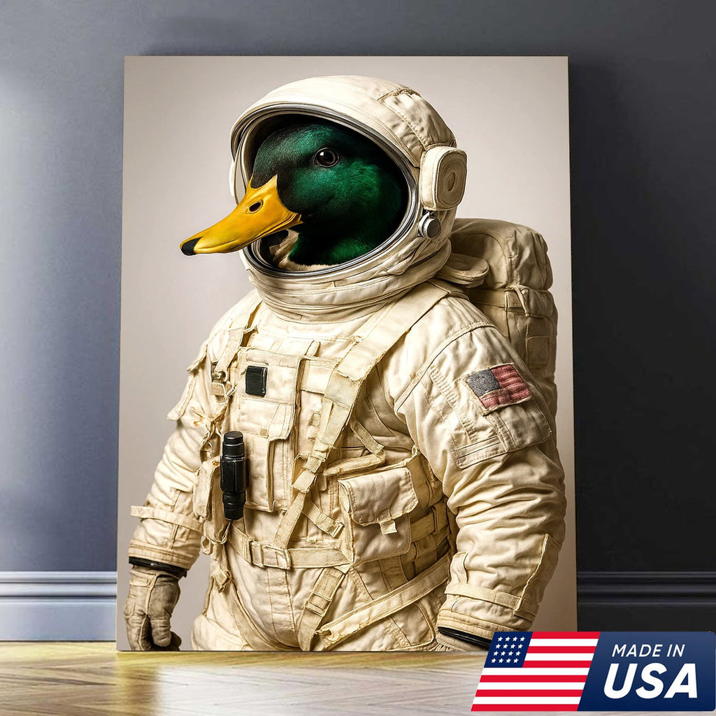 Astronaut Duck Canvas Art – Space Explorer Duck in Full Spacesuit, Whimsical Animal Wall Decor
