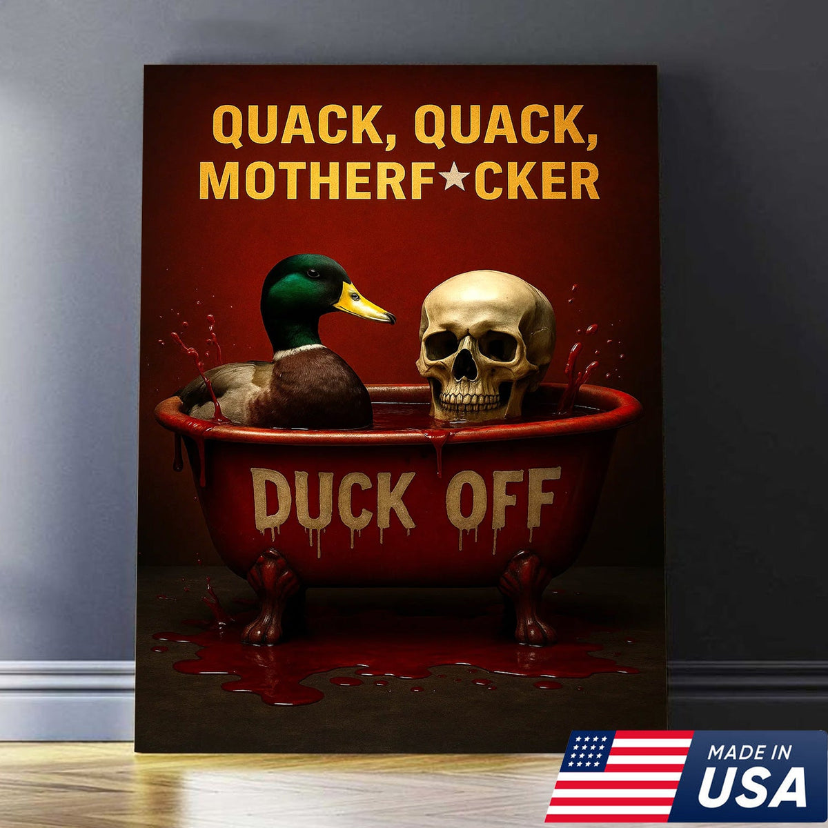 Dark Humor Duck Canvas Art – Savage Duck in Bloody Tub with Skull, Horror-Style “Duck Off” Wall Decor