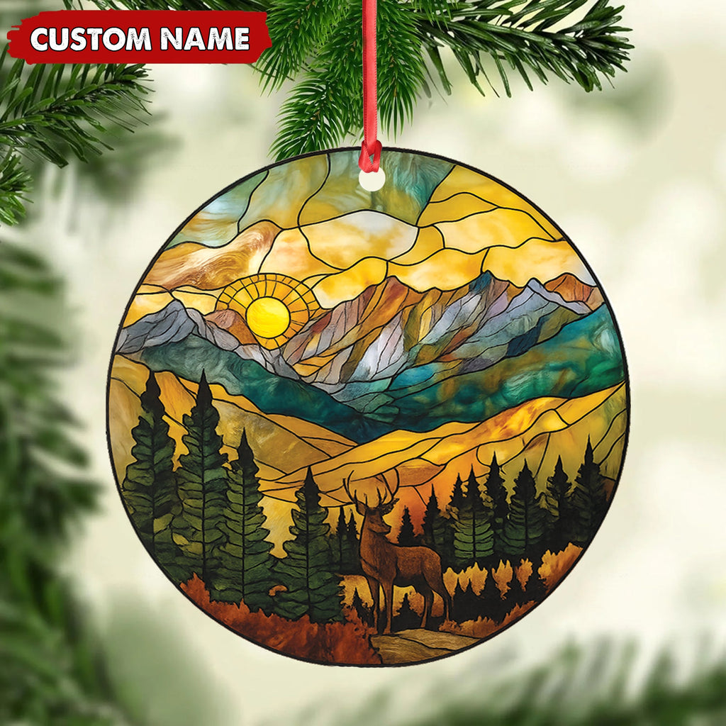 Personalized Deer Stained Glass Acrylic Ornament – Mountain Sunrise Christmas Tree Decoration Gift