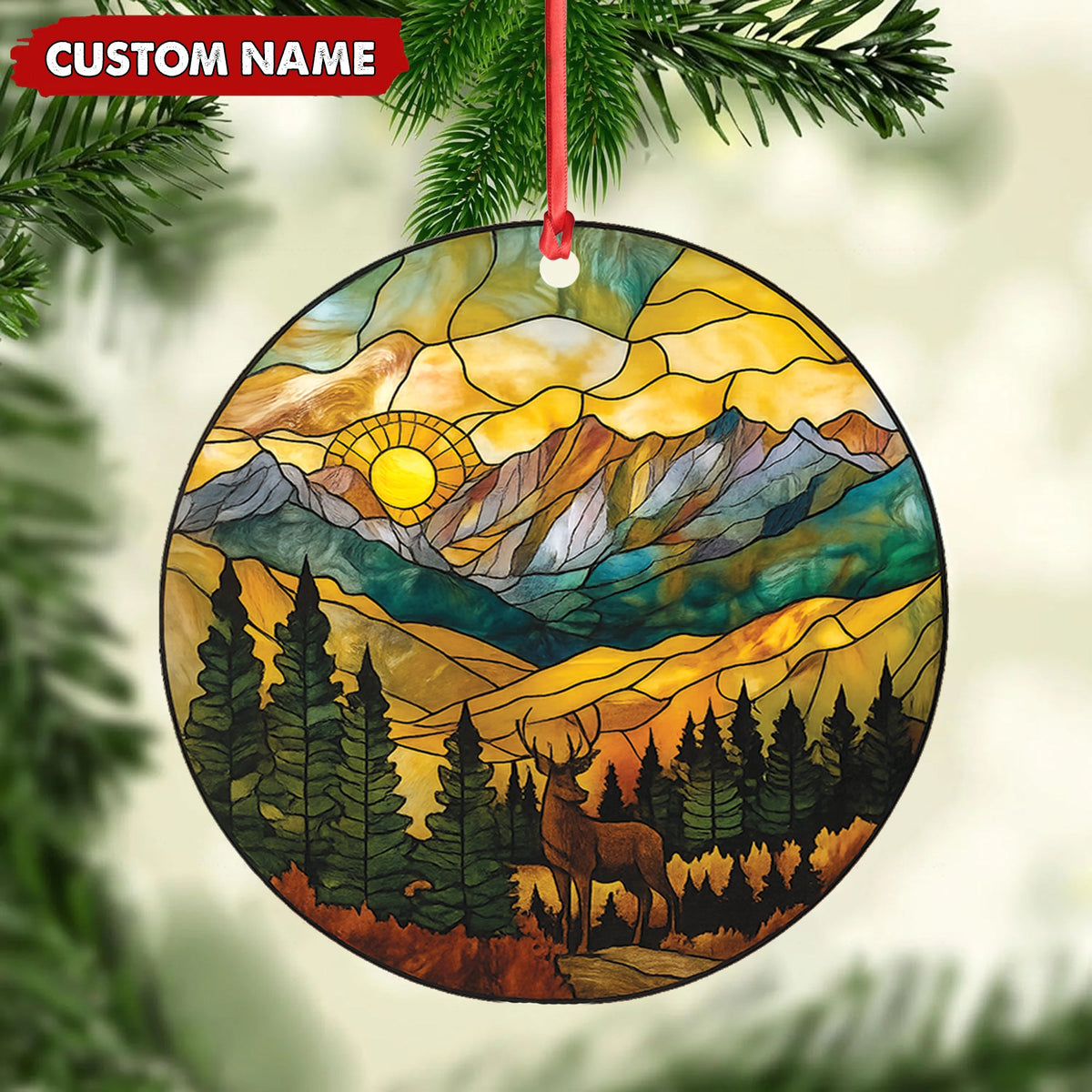 Personalized Deer Stained Glass Acrylic Ornament – Mountain Sunrise Christmas Tree Decoration Gift
