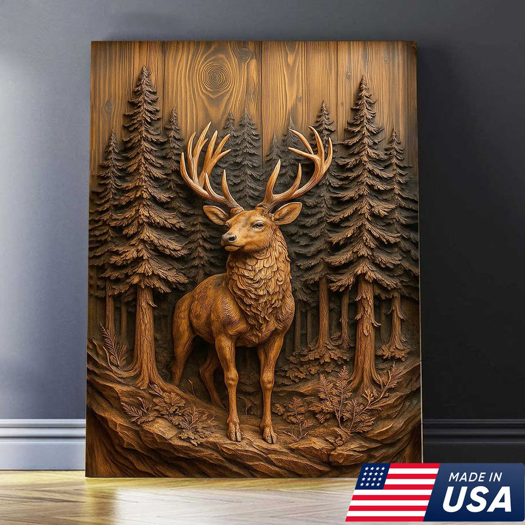 Deer in Pine Forest Canvas Wall Art, Rustic Wood Carved Look Buck Artwork